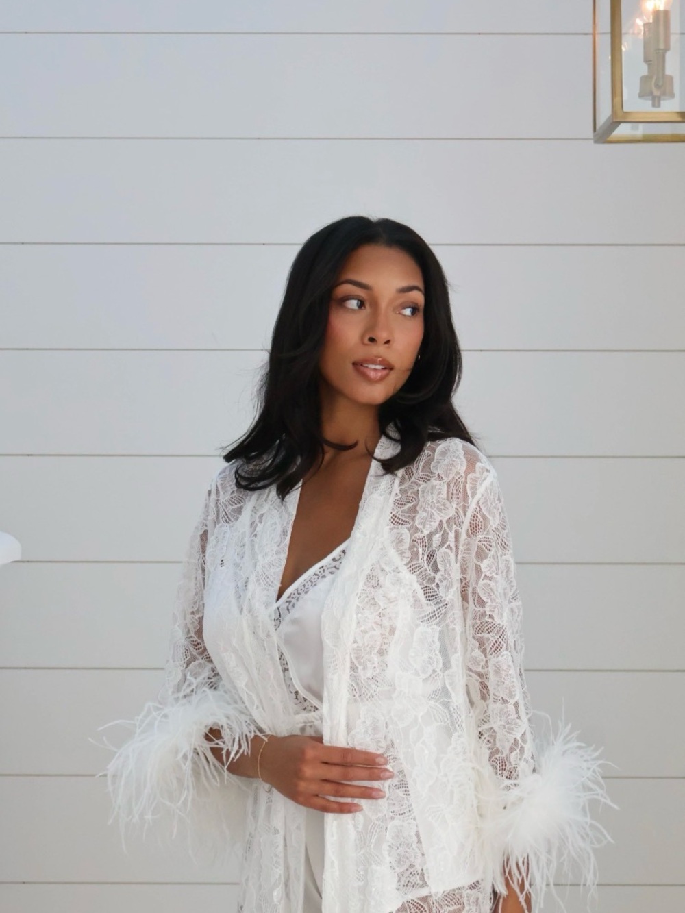 Lace Feather Trim Long Robe - White - Picture 2 of 8
